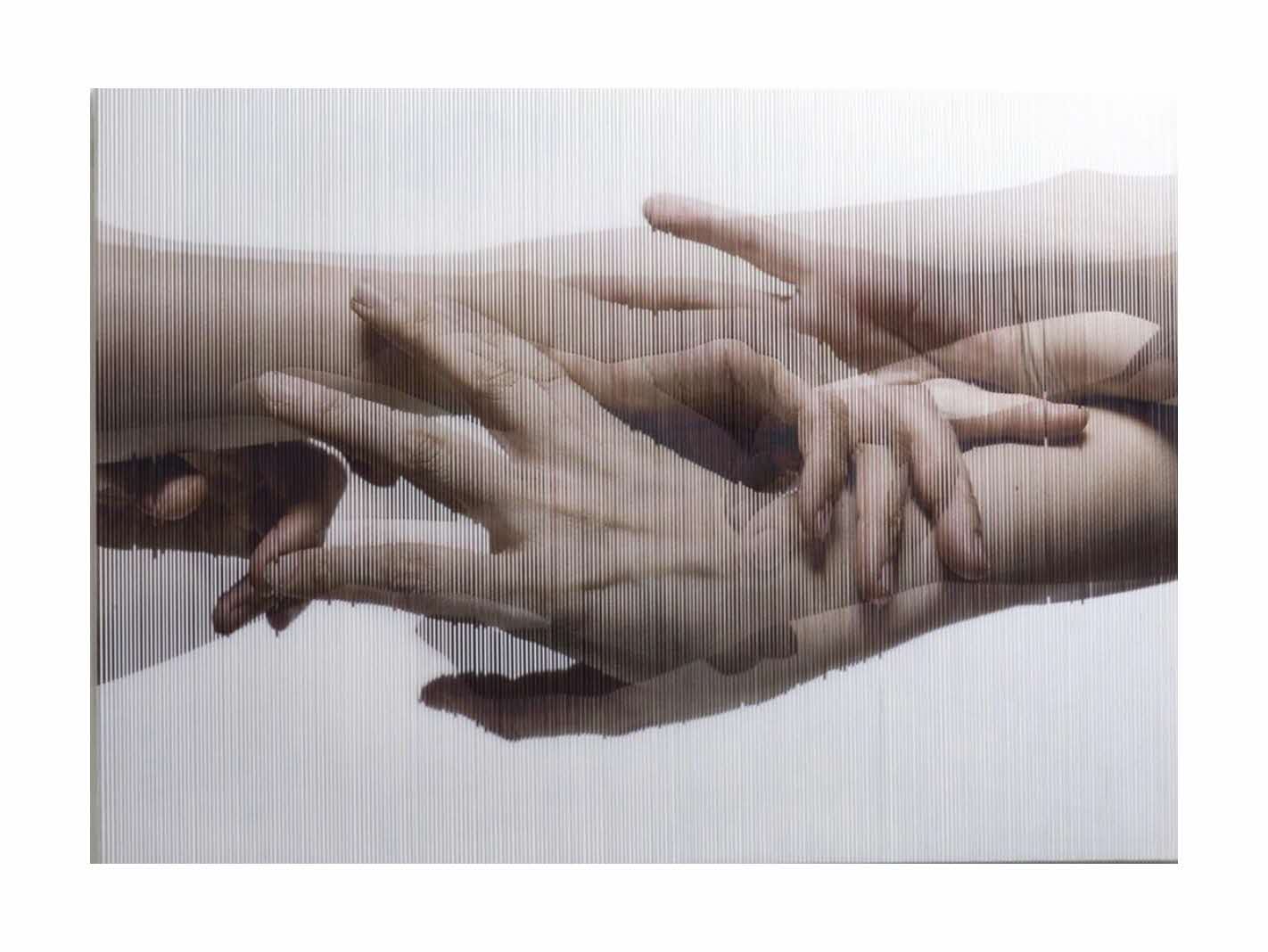 Print on elastic string on canvas showing hands reaching out to and interspersed with one another