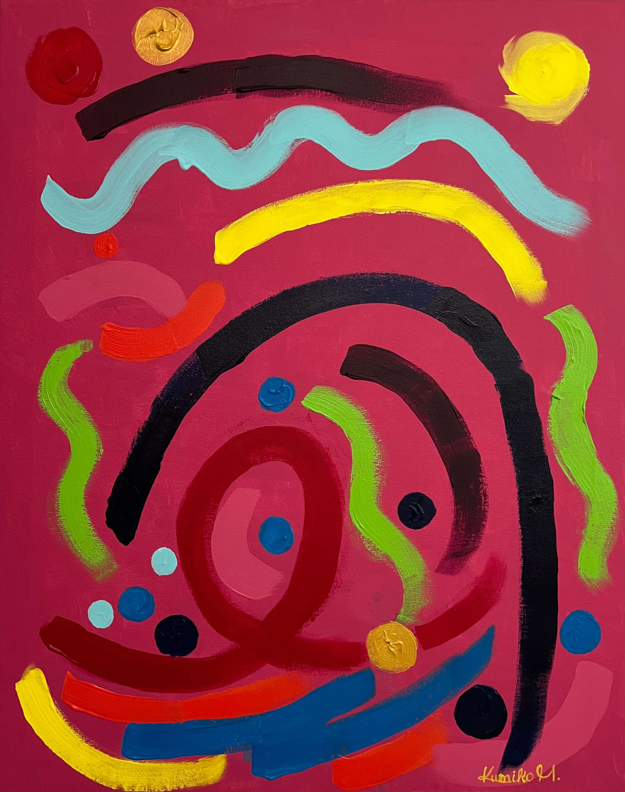 Abstract art with colourful lines on a magenta background punctuated by dots of different sizes