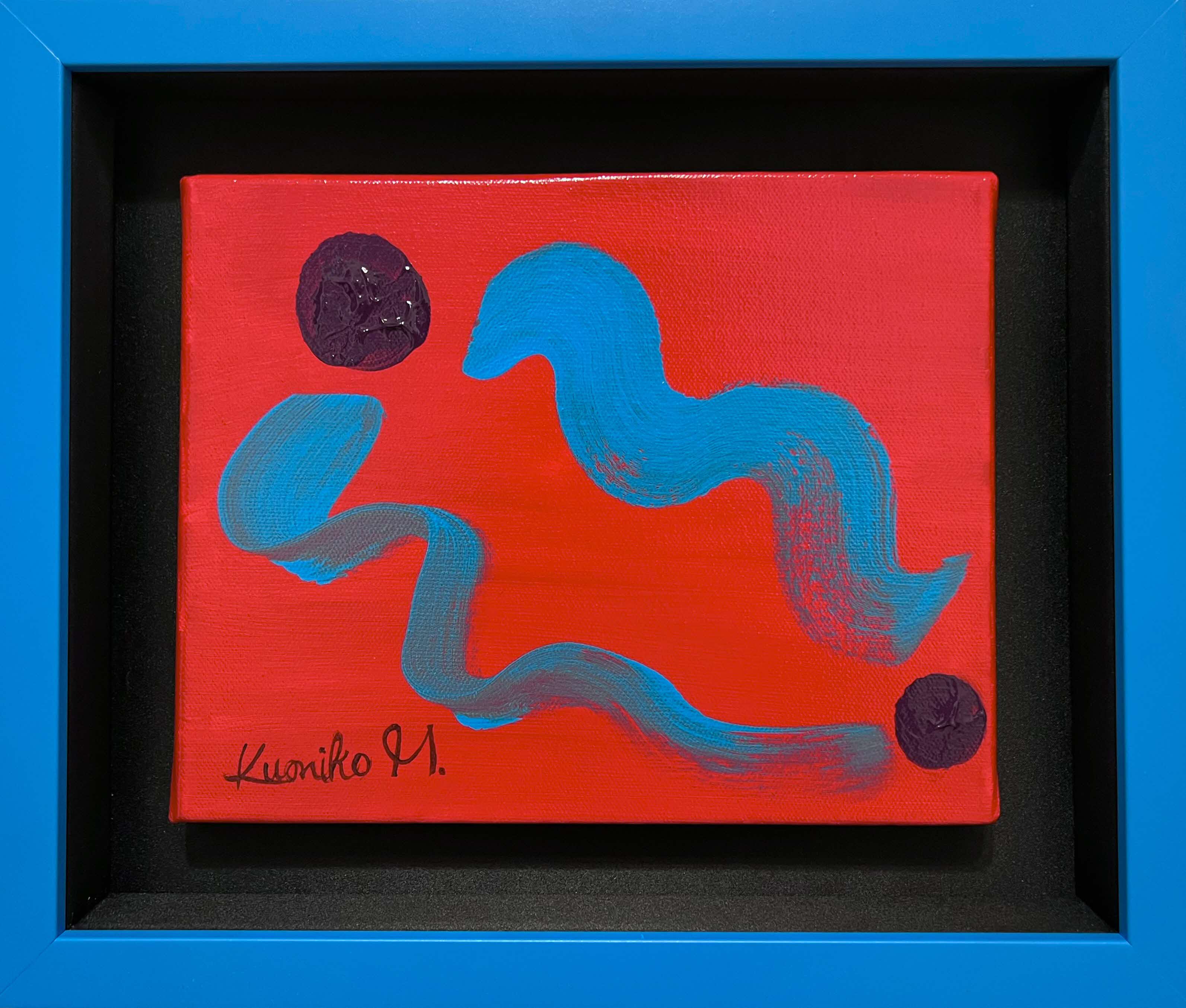 Abstract artwork painted in bright red and blue wavy lines punctuated by two dots on either side