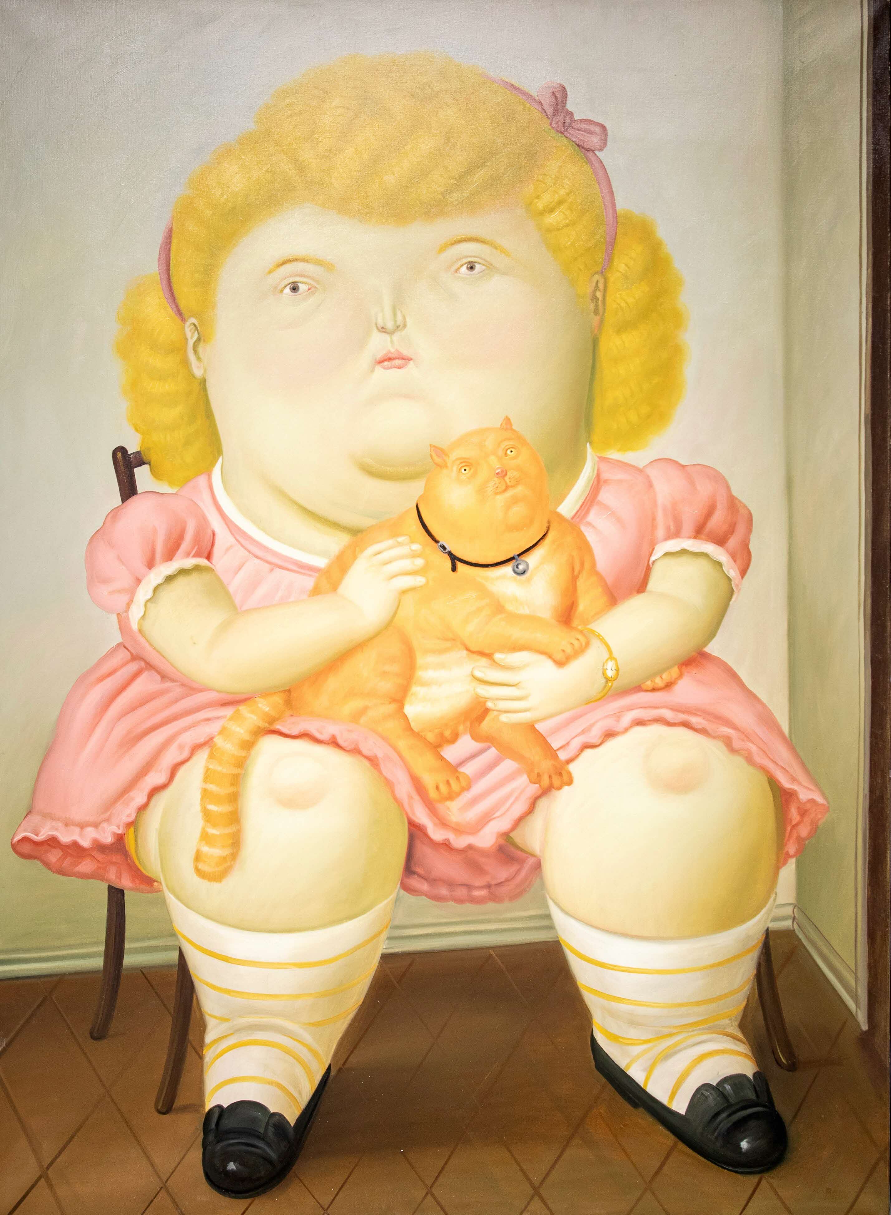 Artwork of a big, pale girl, with an orange cat on her lap.