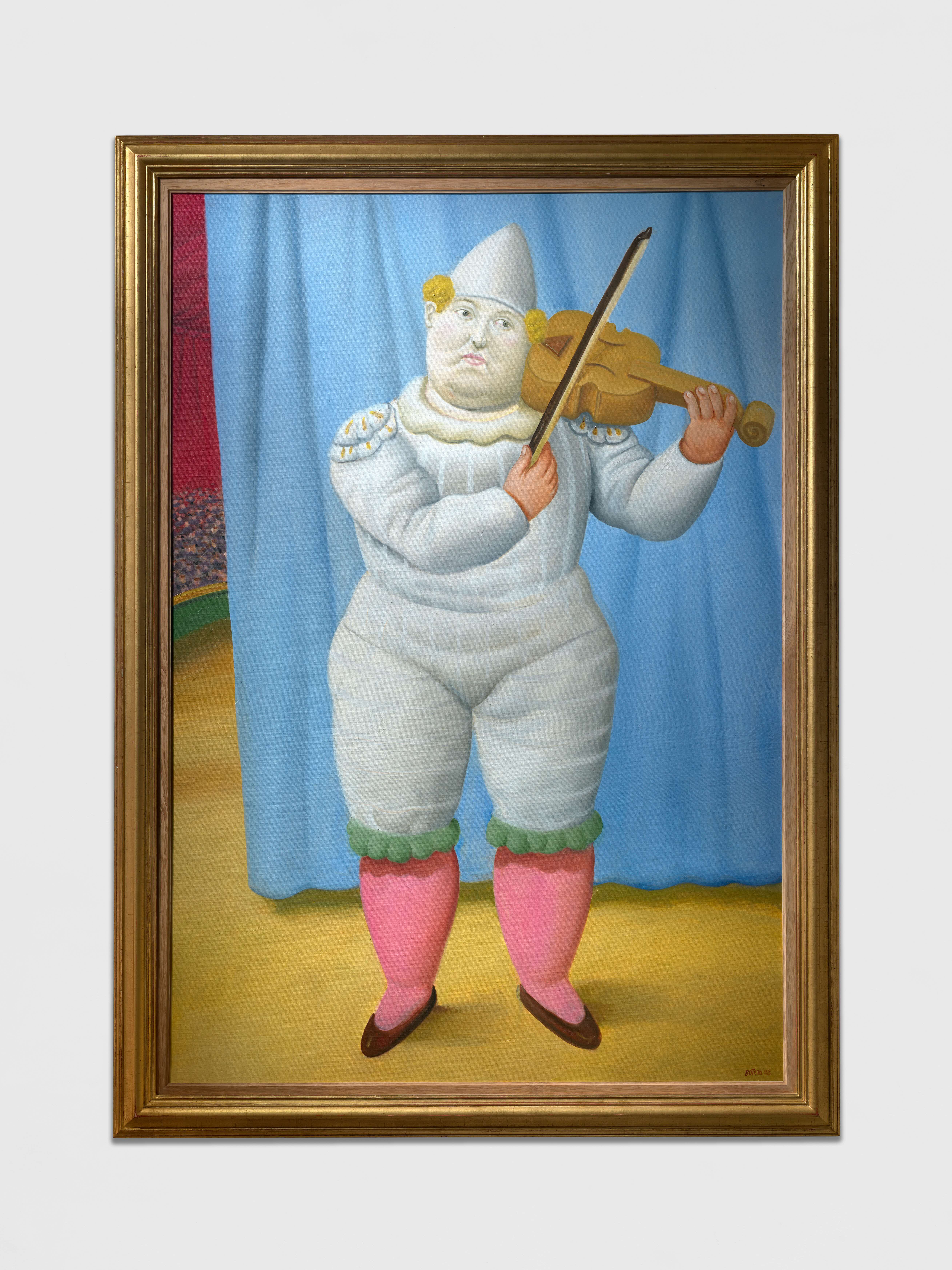 Artwork of a clown in pale grey garments playing the violin/viola.