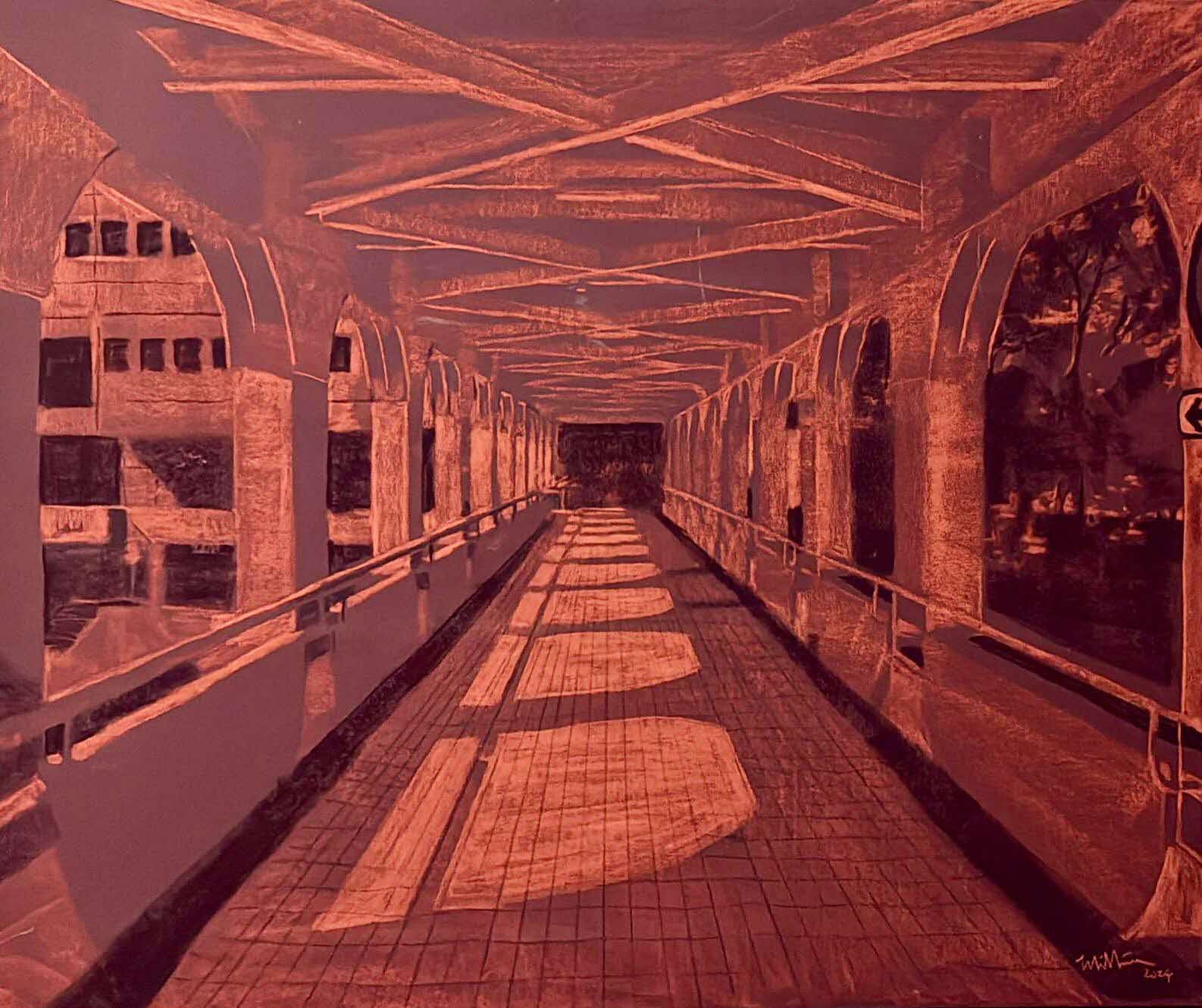 Reddish image of a long empty corridor