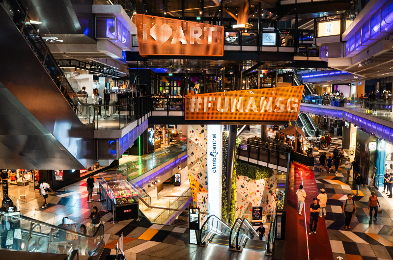 Image of aerial view from the top floor of the inside of Funan mall illuminated at night