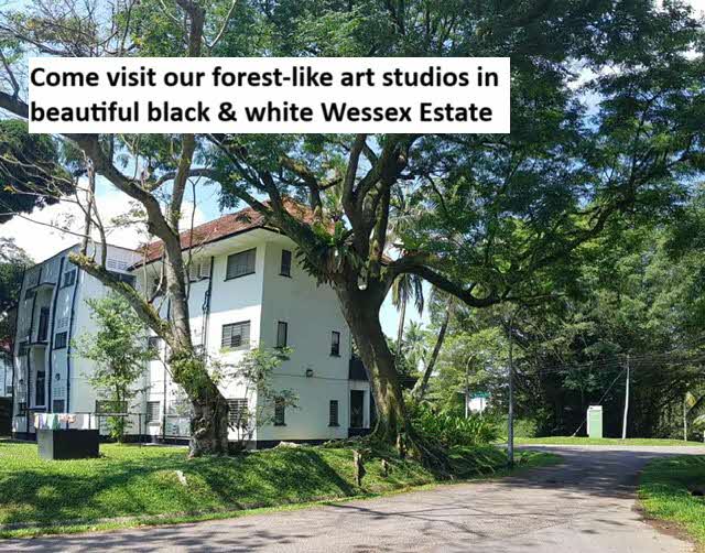 An image of a colonial bungalow in the forest with the caption "Come visit our forest-like art studios in beautiful black & white Wessex Estate"