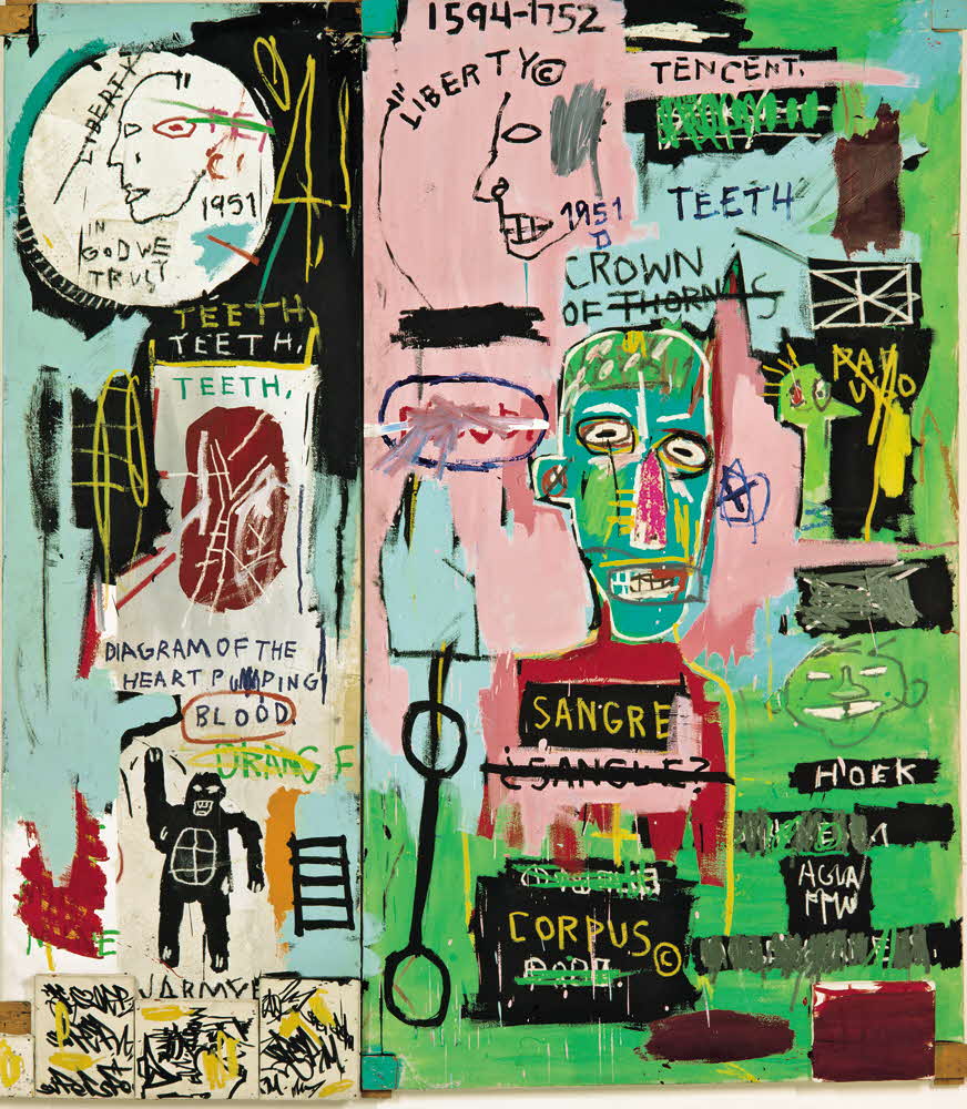 Jean-Michel Basquiat's 'In Italian' featuring a mix of different imagery such as an ape drawing, abstract faces, and latin and english words.