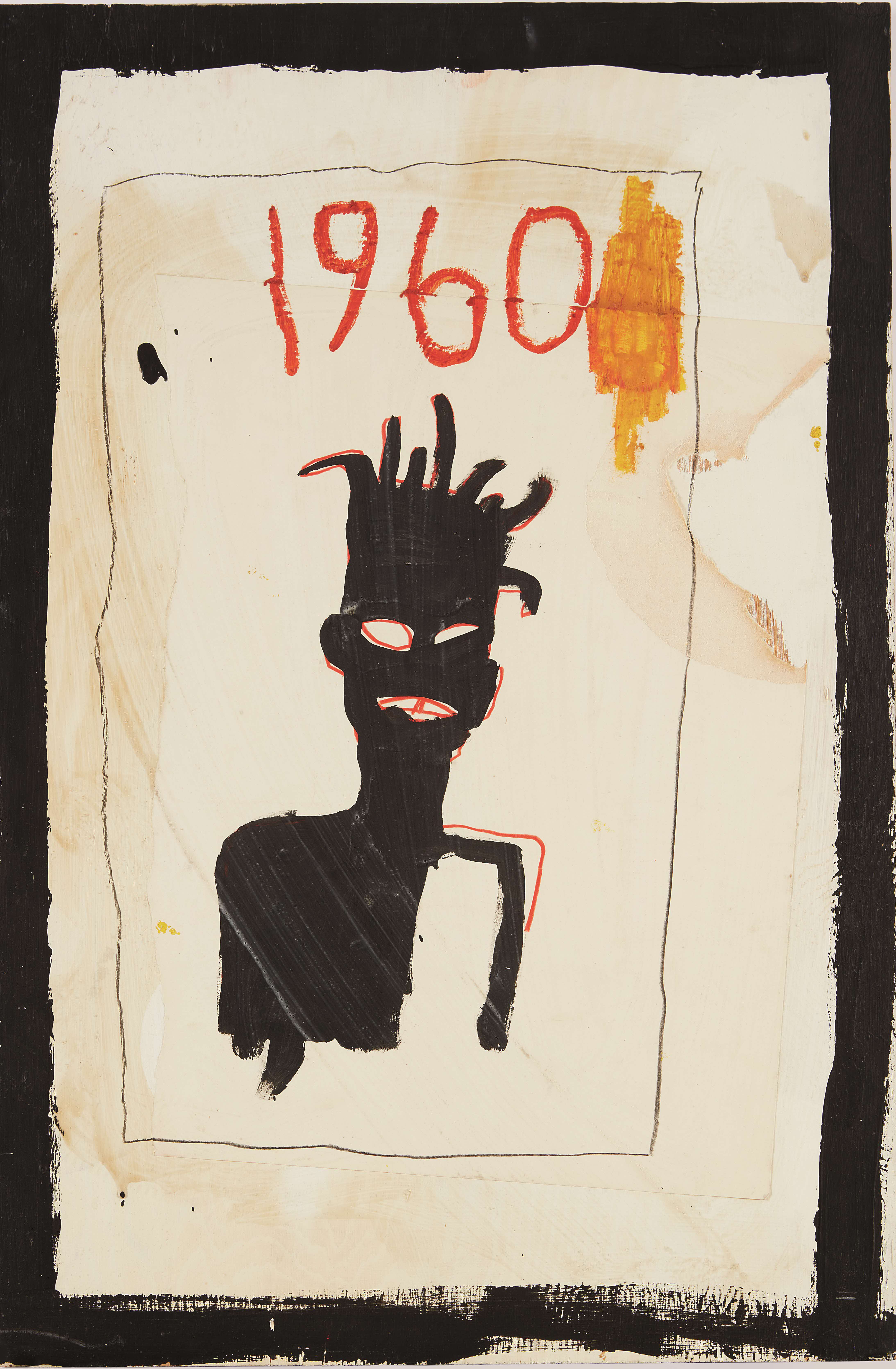 Image of Jean-Michel Basquiat's Self Portrait: a crude drawing of a person in black marker on browning paper, with the date "1960"  in crayon.