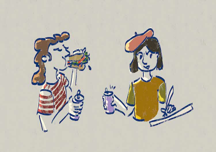 Artwork of two people drinking drinks, eating, and drawing