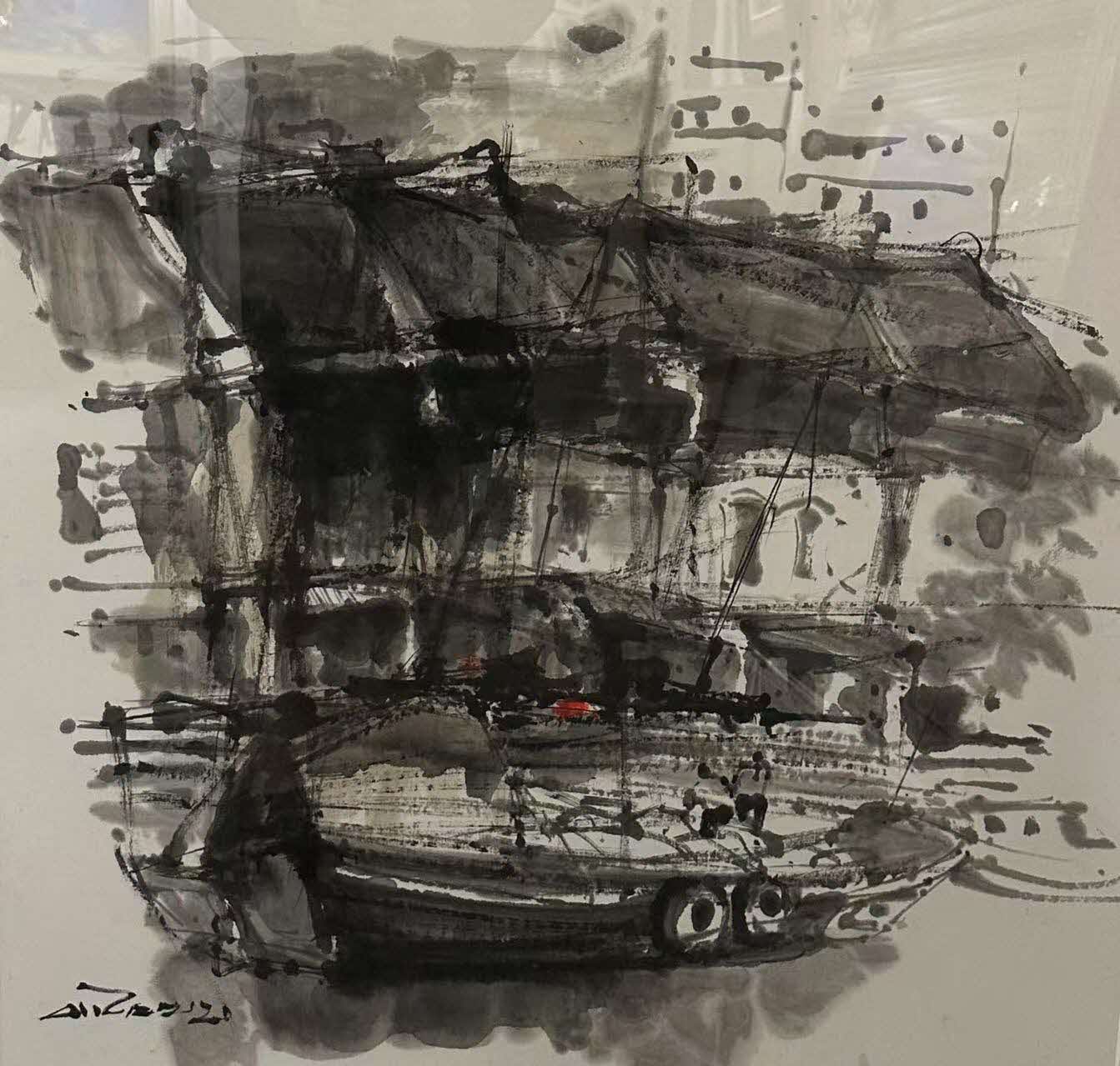 Dark painting representing a boat in Singapore river