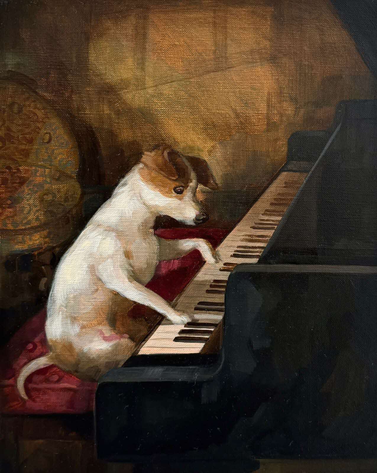 A painting of a white and brown dog playing the piano. Johan Sebastian Bark.