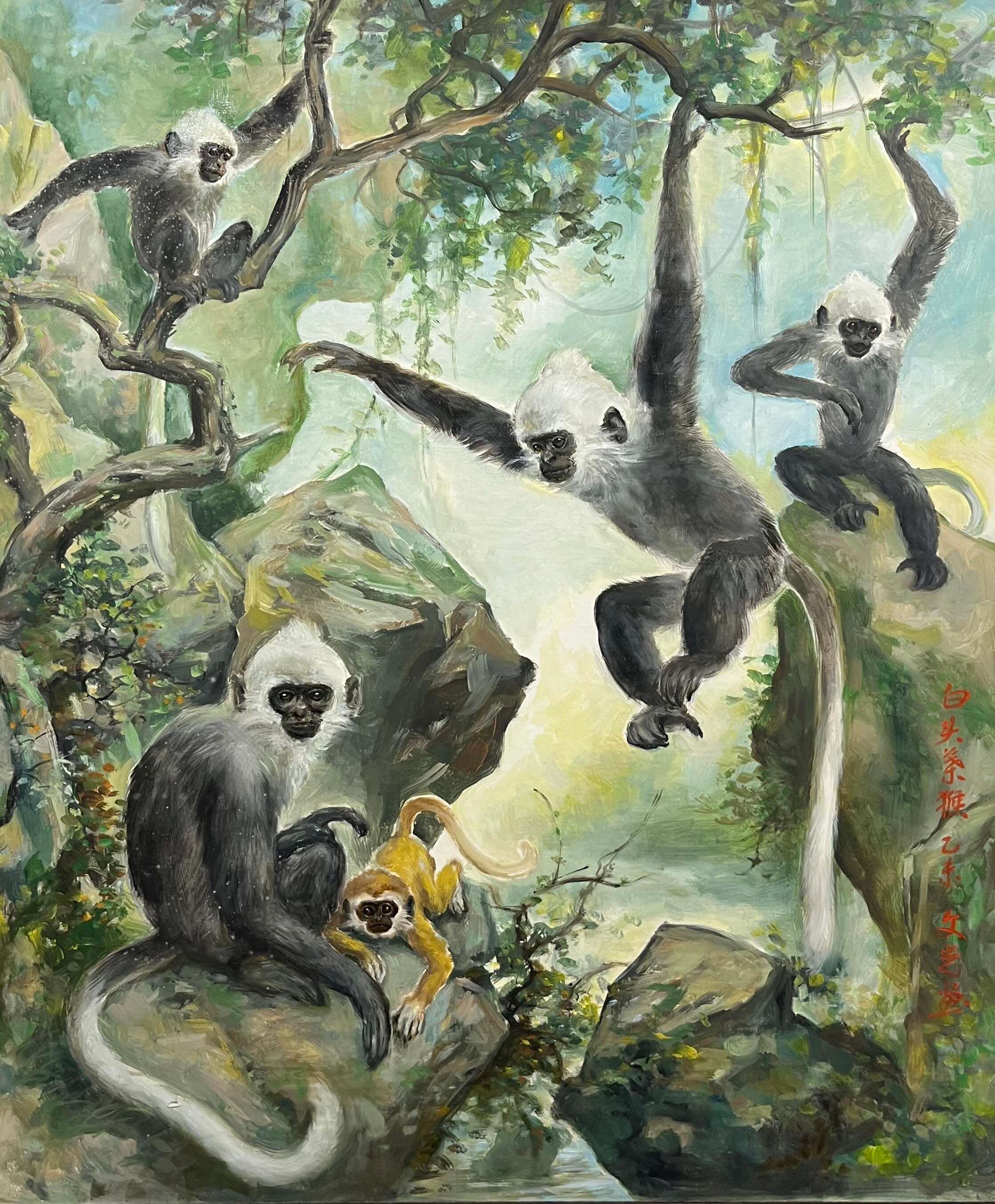 A coloured painting of apes in the forest