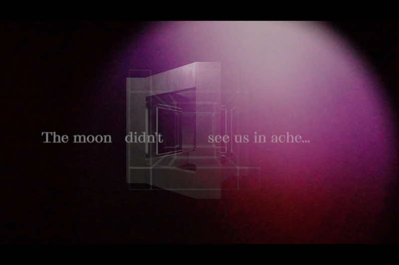 Dark image with glowy magenta centre, and the words "The moon didn't see us in ache" on a 3D geometric structure.