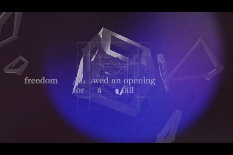 Dark image with glowy blue centre, and the words "freedom allowed an opening for a fall" on a 3D geometric structure.