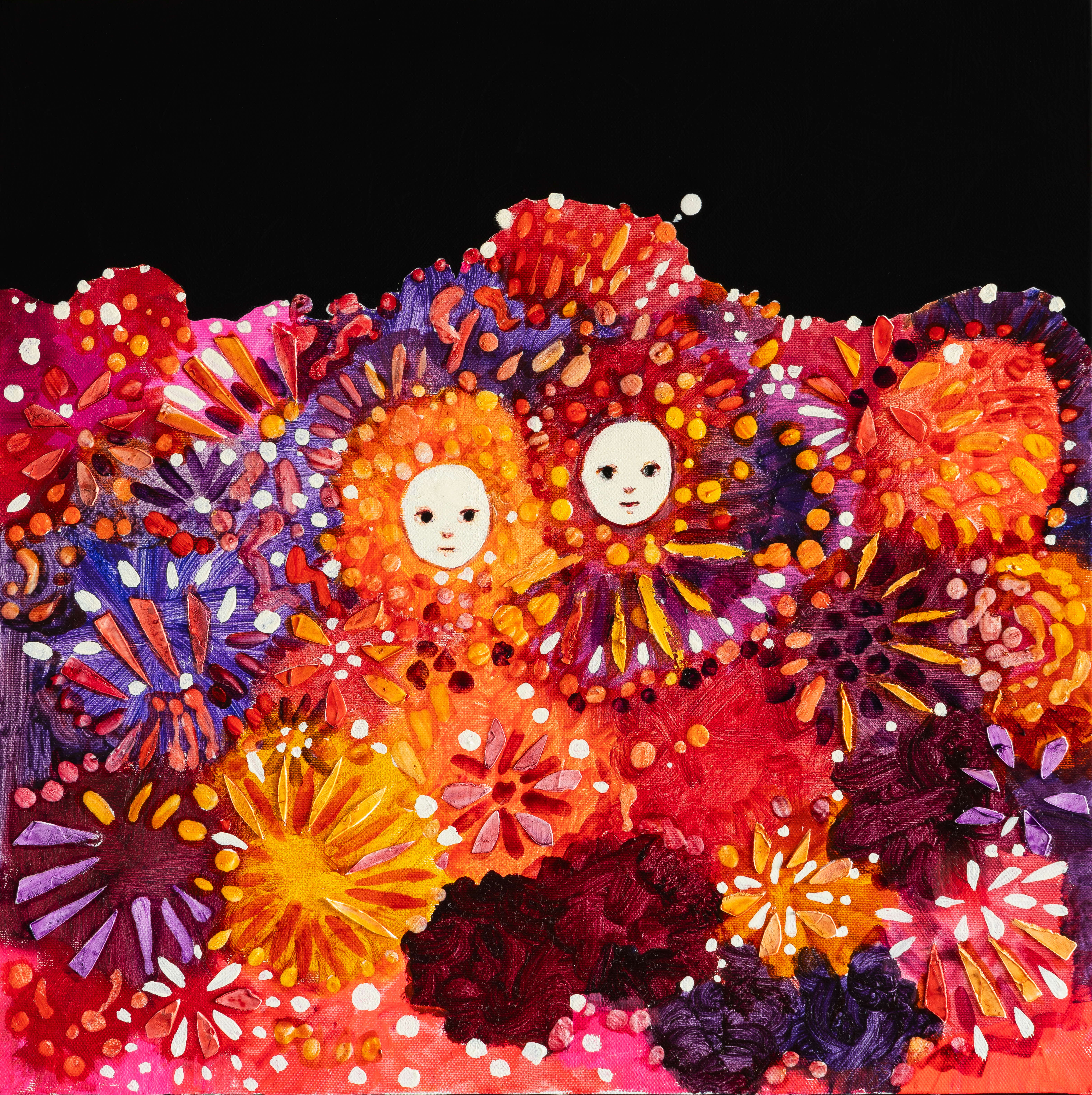 Abstract painting with colourful floral imagery in hues of pink, orange and purple, with two white faces in the centre with a neutral expression.