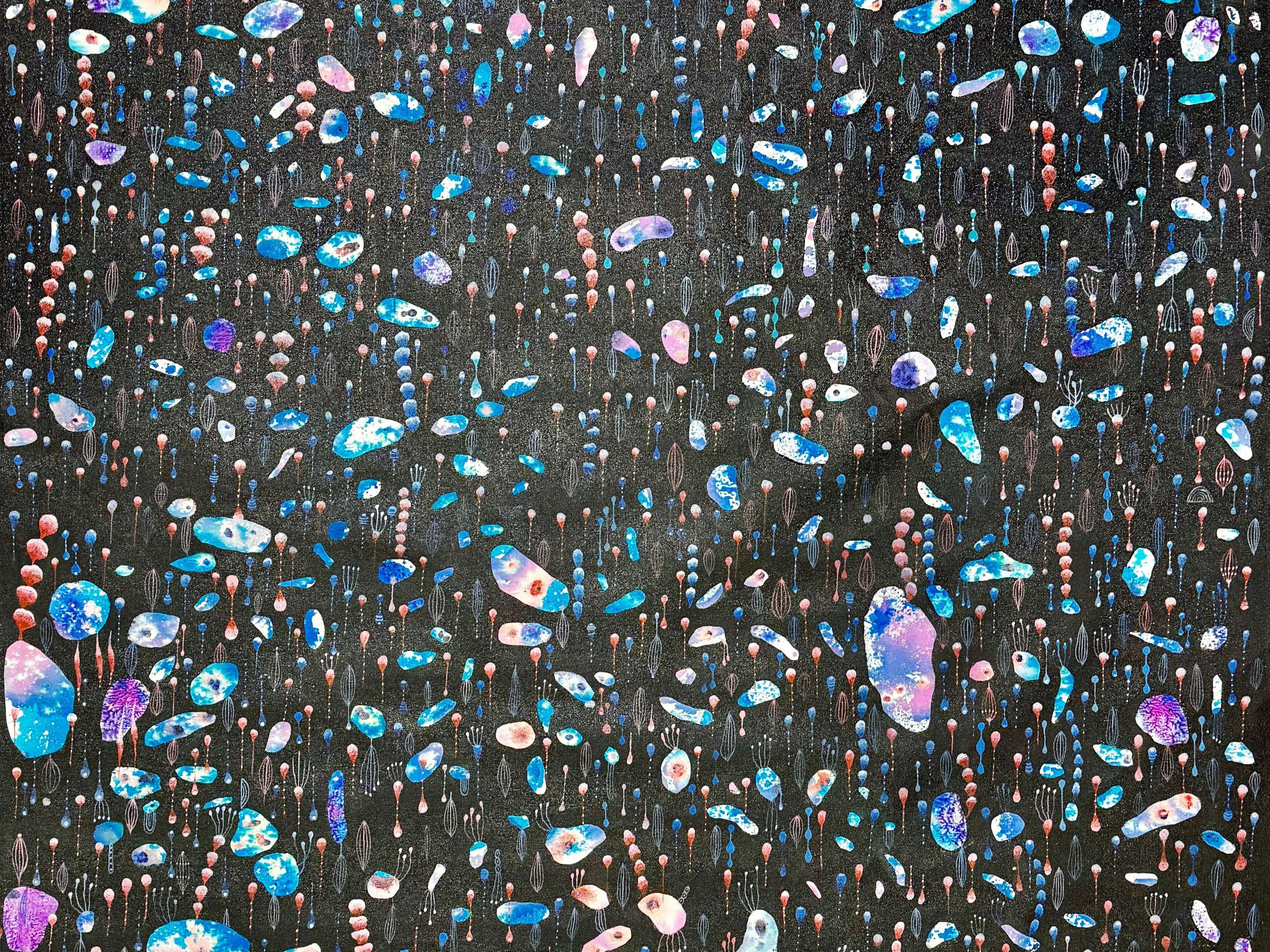 Artwork with blobs of purple, blue and orange across black background