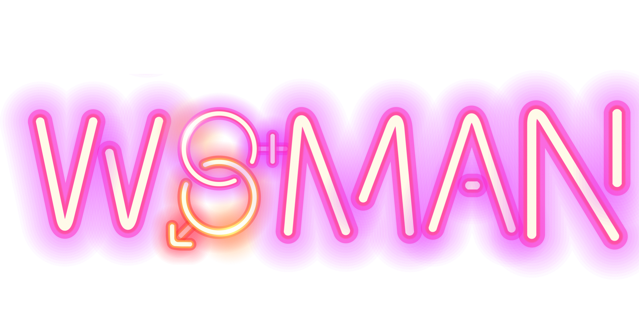 A visual of the word WOMAN in electric neon pink, with the sign for two genders in place of the letter O.