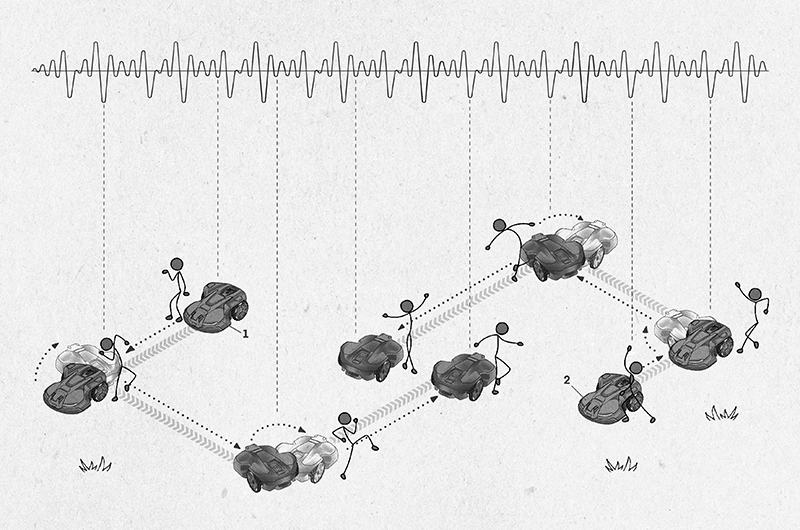 Fuzzy greyscale image of circuitry linked to wave readings.