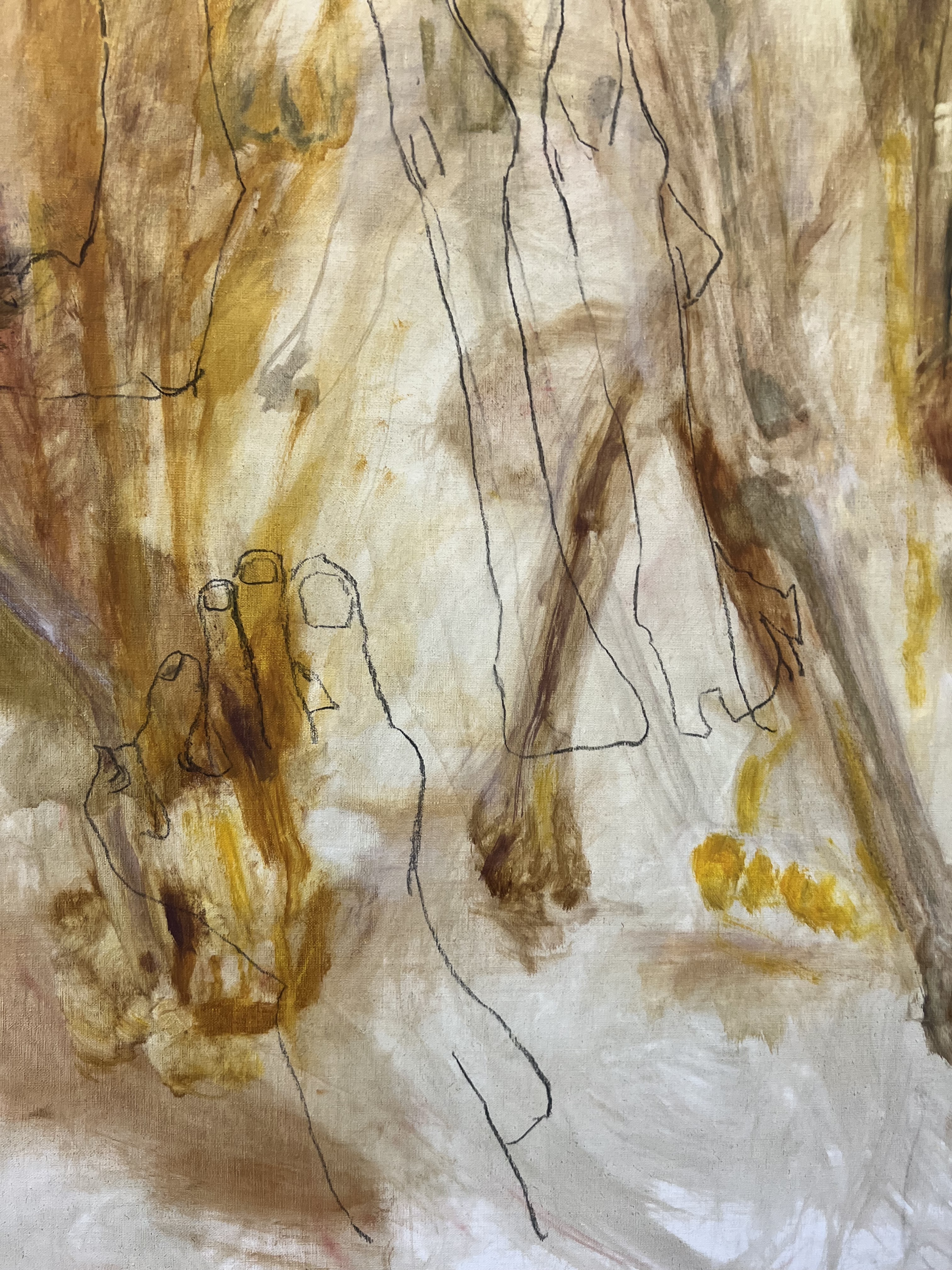 Close up of an artwork with images of feet and bones penciled in