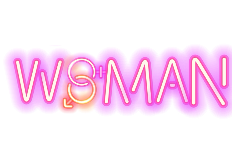 Neon pink image of the word Woman with the sign for the genders in place of the letter O