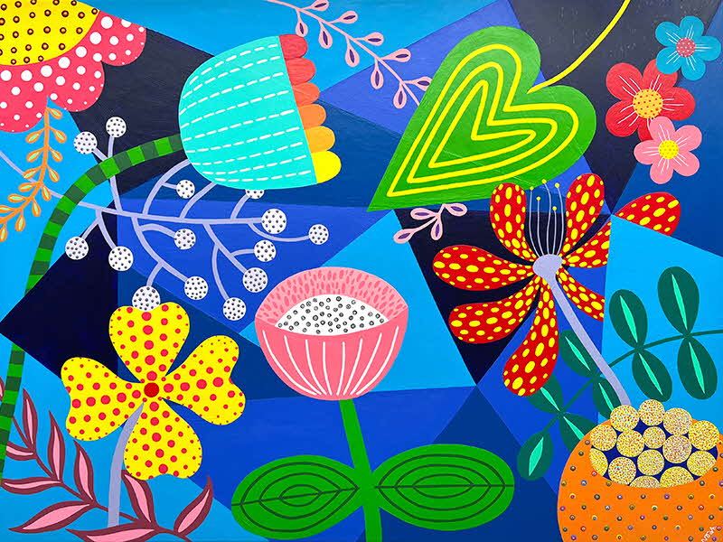 Bright and colourful floral paintings.