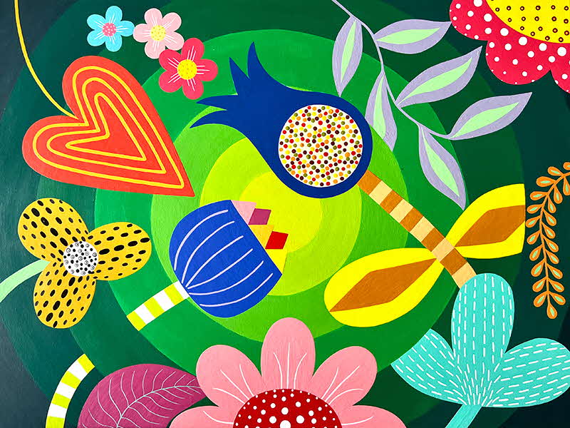 Bright and colourful floral paintings.