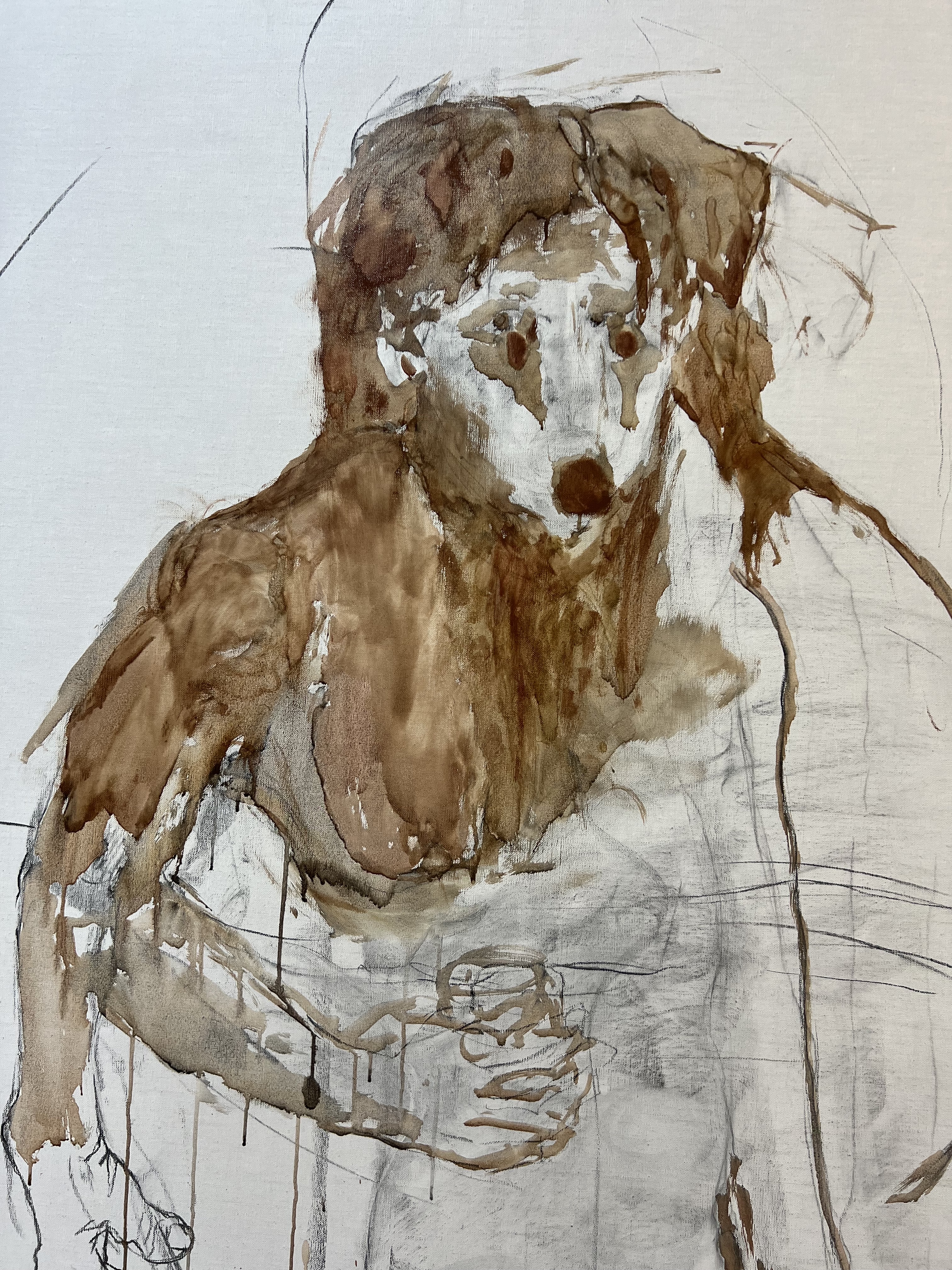 Painting and drawing of a man-dog hybrid in brown brush strokes