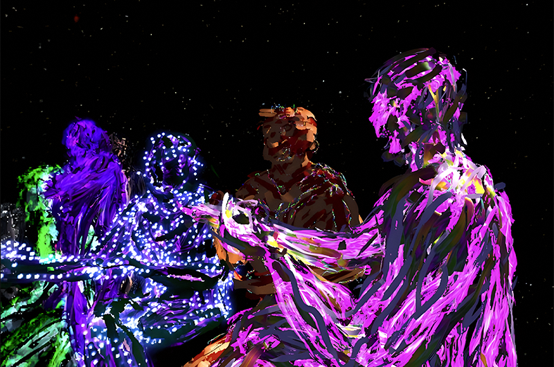 Image of colourful VR art of human silhouettes against a black background