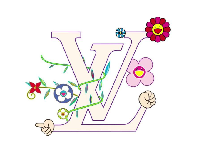 Image of the Louis Vuitton logo in Murakami's signature colourful style