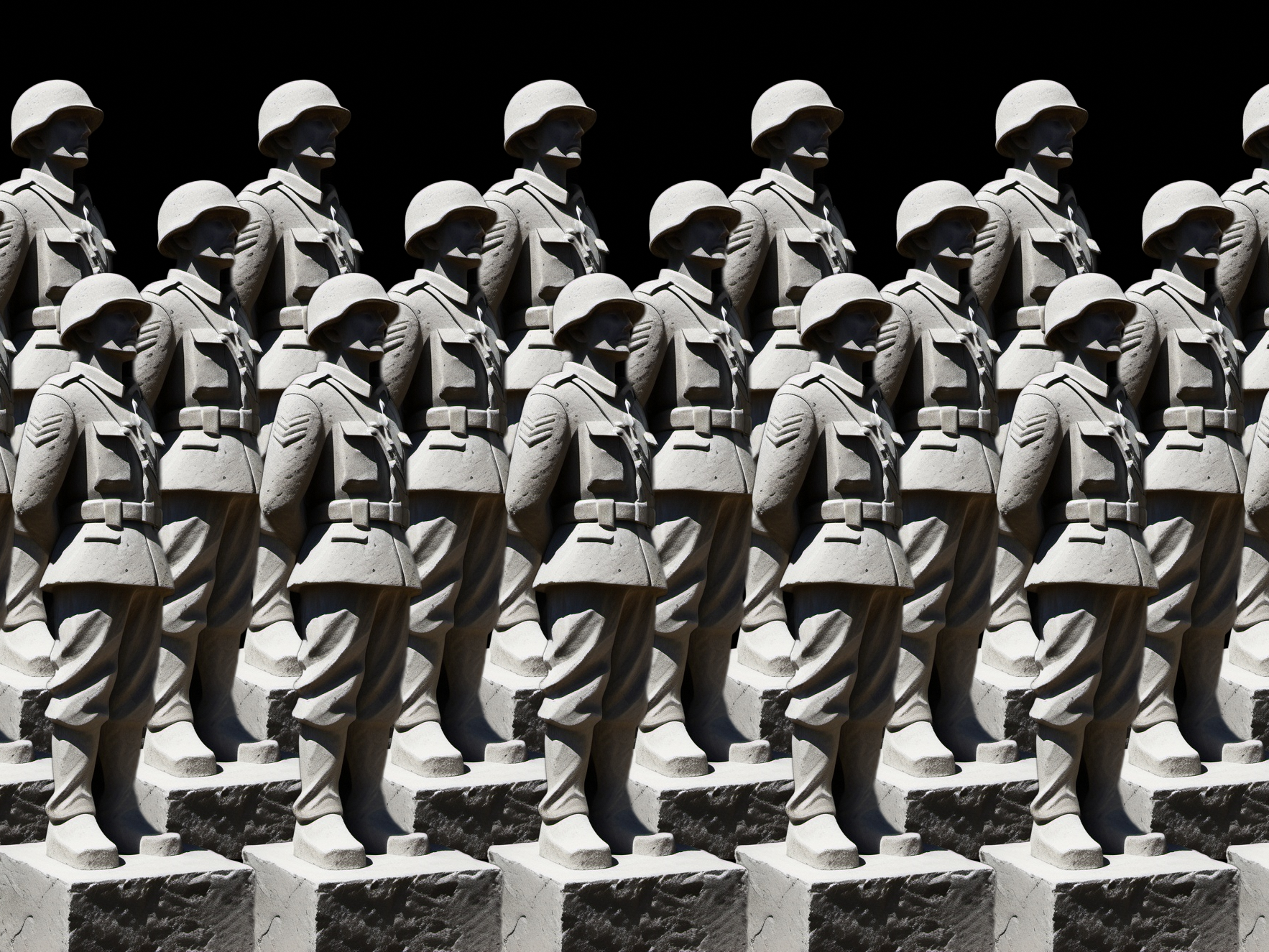 Black and white image of clay soldiers in a formation