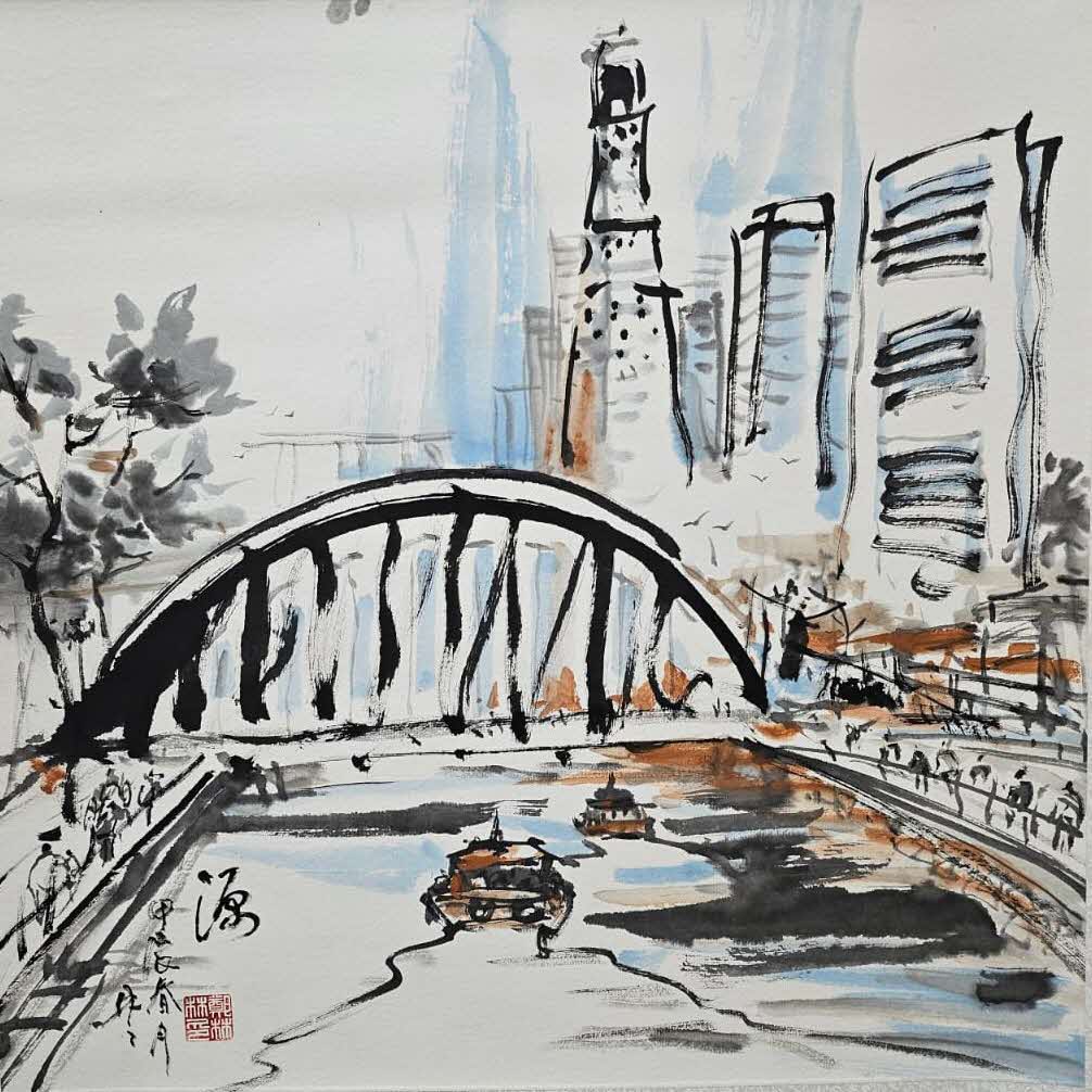 Chinese ink painting of Singapore River