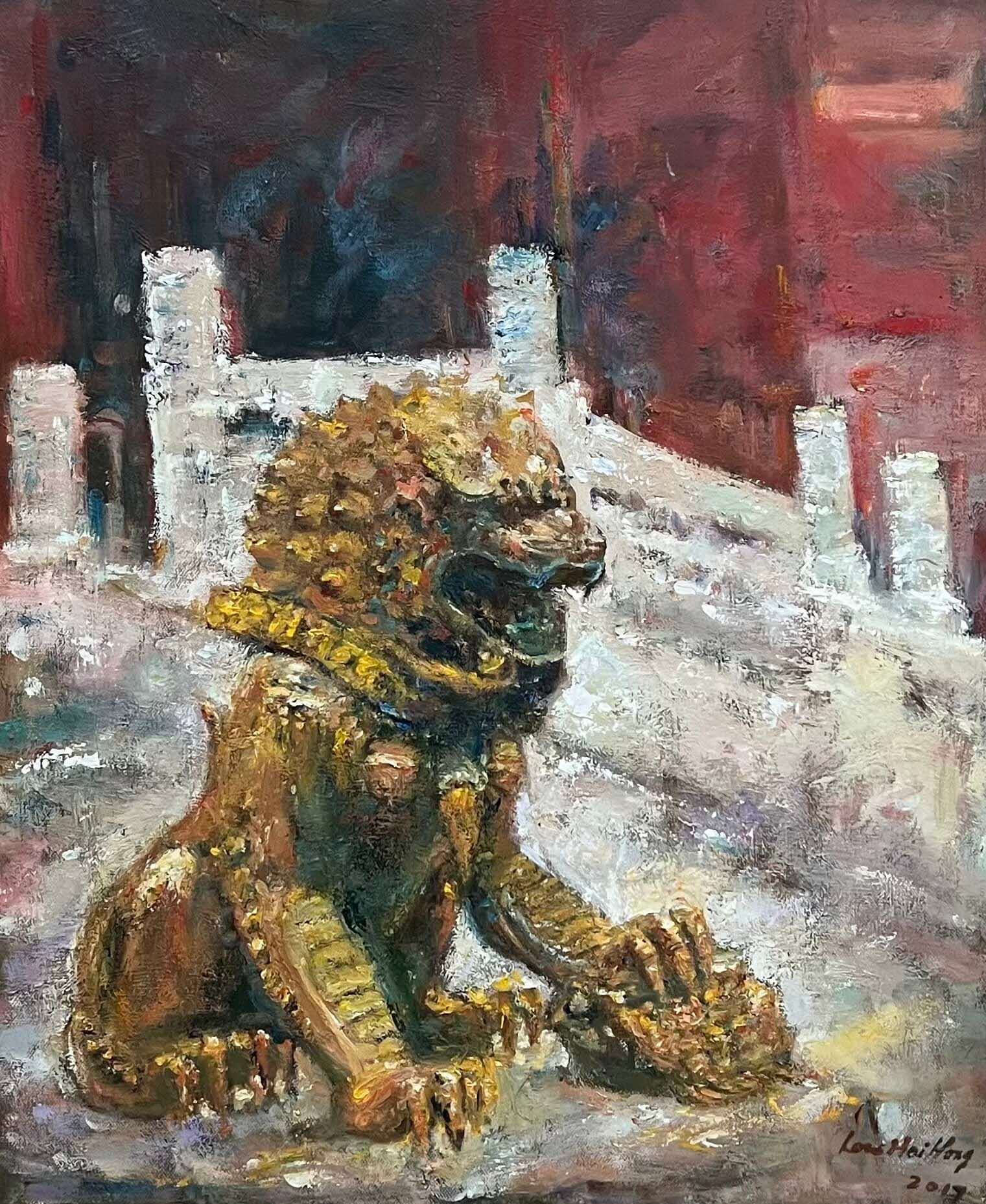 Oil painting of a statue of a golden lion