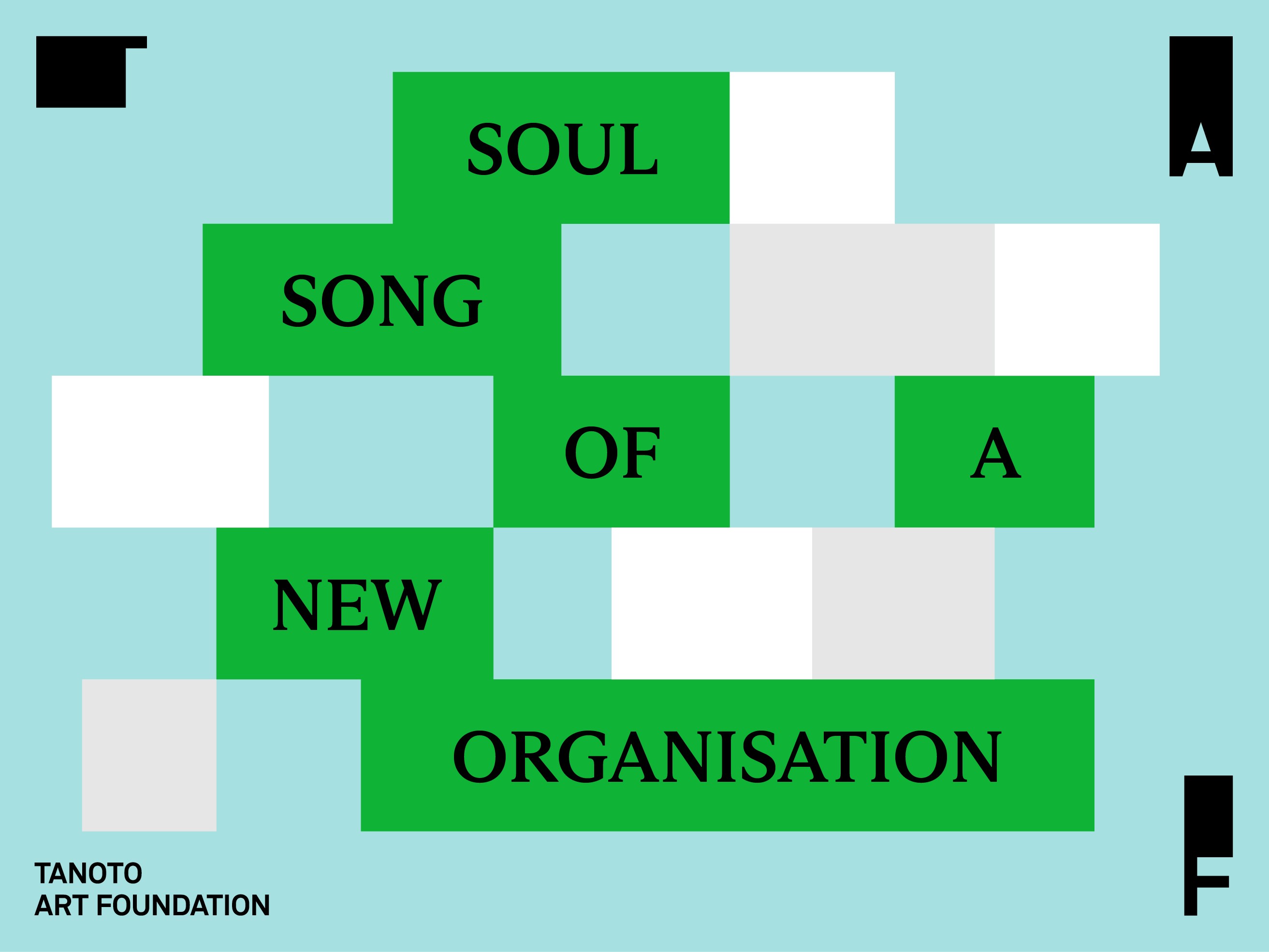 Key visual of Tanoto Art Foundation in green blocks along with plain grey and white blocks on a pale blue background.