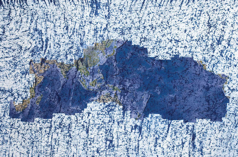 Yee I - Lann, The Orang Besar Series: Fluid World, 2010. Direct digital mimaki inkjet print with acid dye, batik crackle Japanese Ai natural indigo dye on 100% silk twill.