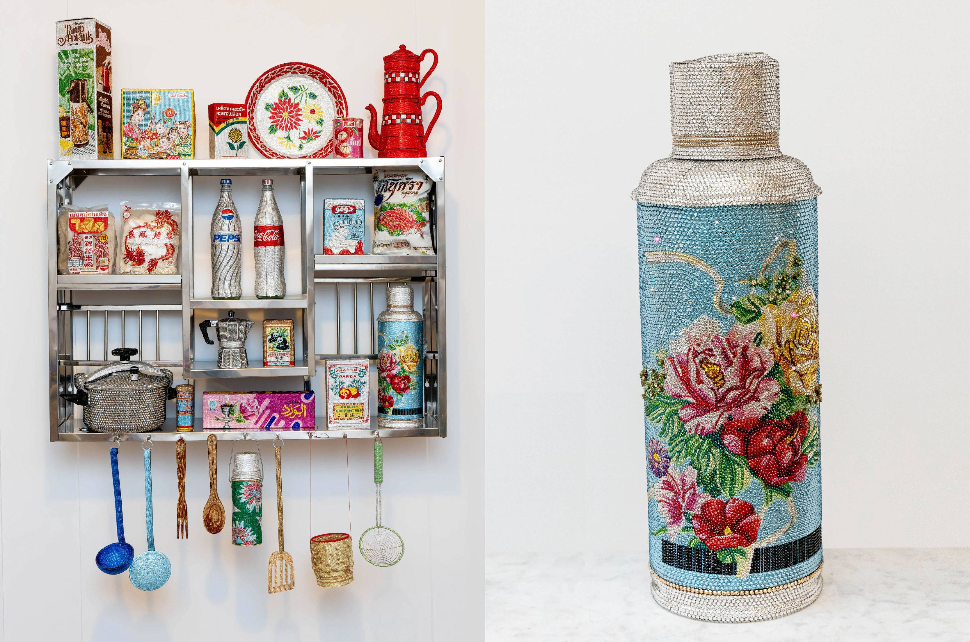 Image of a colourful cabinet with household items on top, inside and hanging from the shelves. Next to it is a bottle with floral prints.