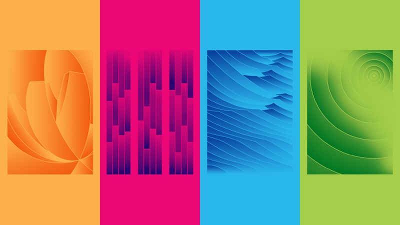 Key visual of Where Art Takes Shape in four colours, orange, pink, blue and green, with adaptations of the architectural elements of the Marina Bay Sands