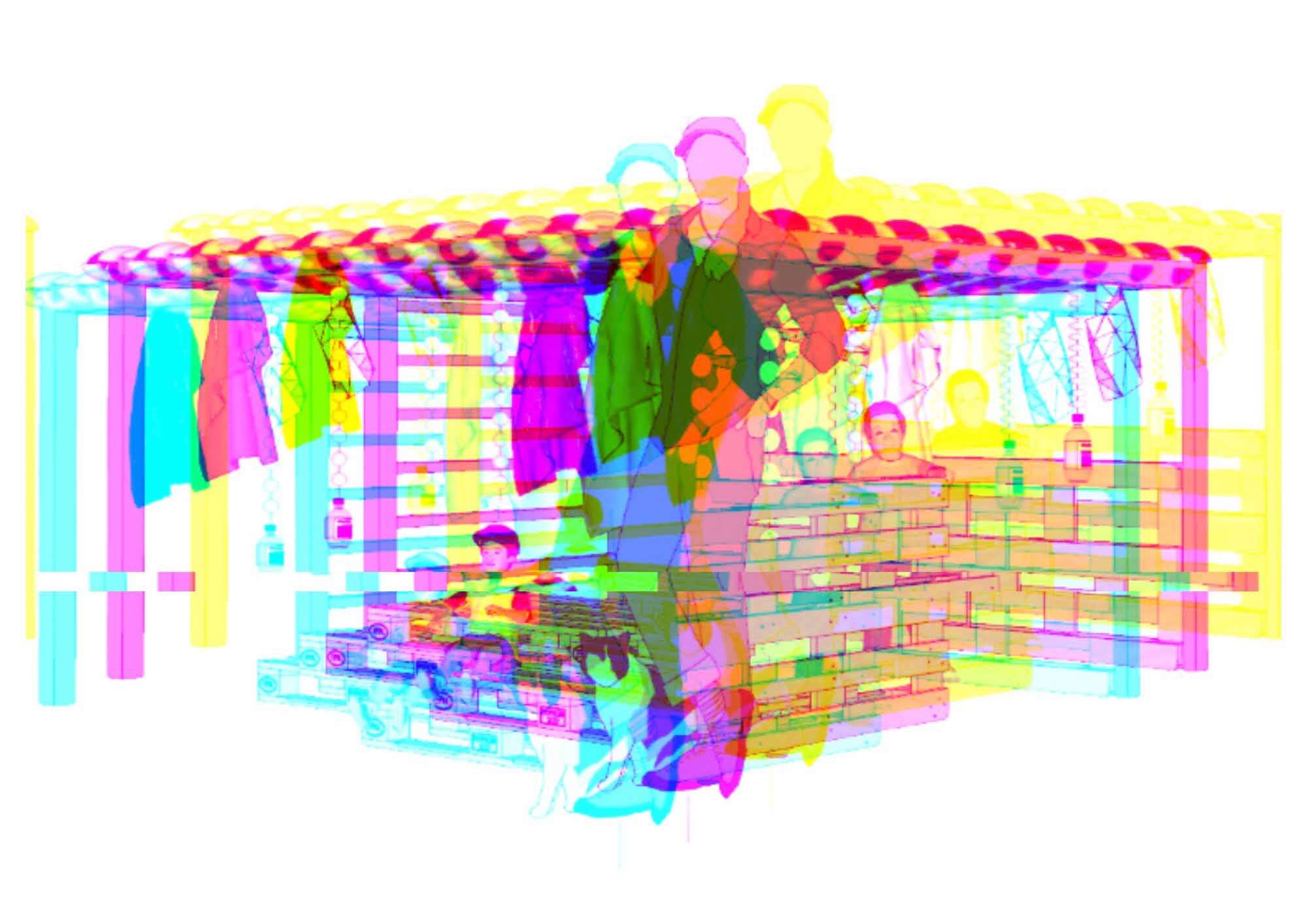 Image of a structure made of wooden pallets and fabric weaves with an adult figure standing in front of it